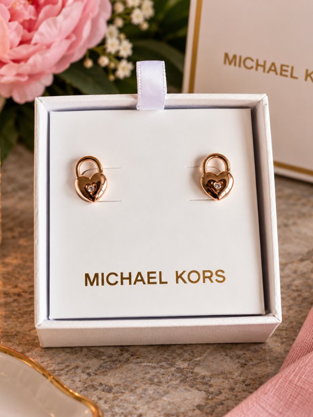 Michael Kors Rose Gold Heart Lock Stud Earrings Padlock Design NWT